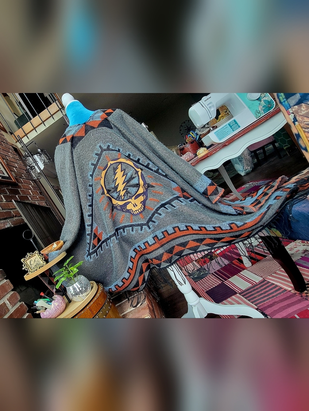 Gray Aztec Blanket Throw with Grateful Dead Patch
